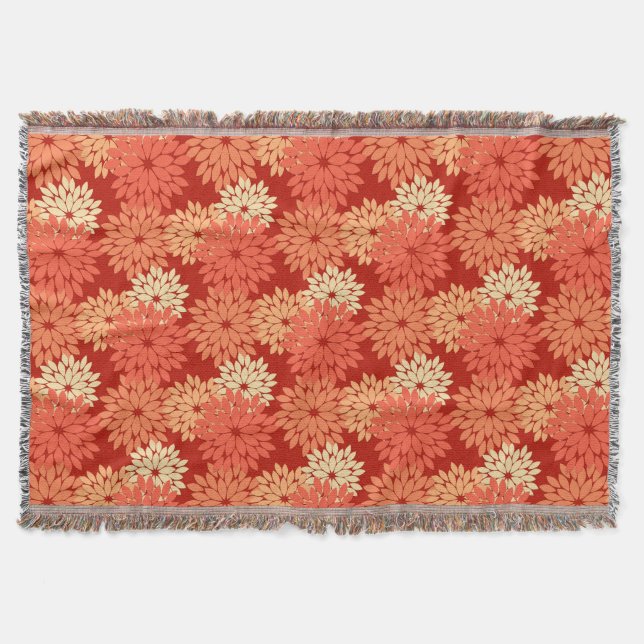 Modern Floral Kimono Print, Mandarin Orange Throw Blanket (Front)
