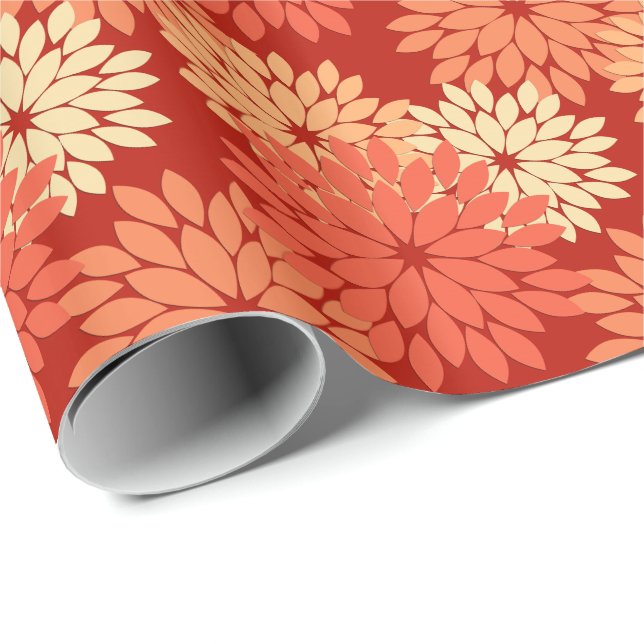 Modern Floral Kimono Print, Mandarin Orange Wrapping Paper (Roll Corner)
