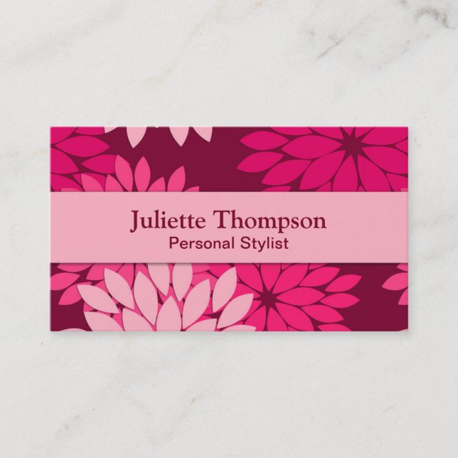 Modern Floral Kimono Print, Pink and Burgundy Business Card (Front)
