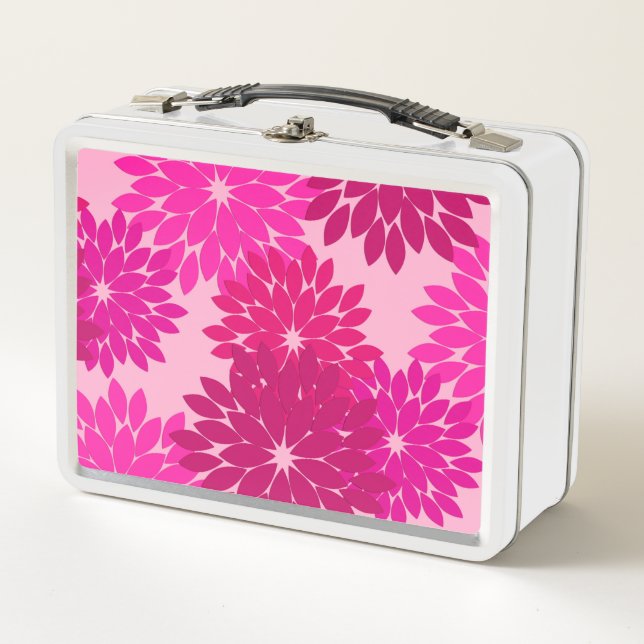 Modern Floral Kimono Print, Pink, Fuchsia and Wine Metal Lunch Box (Front)