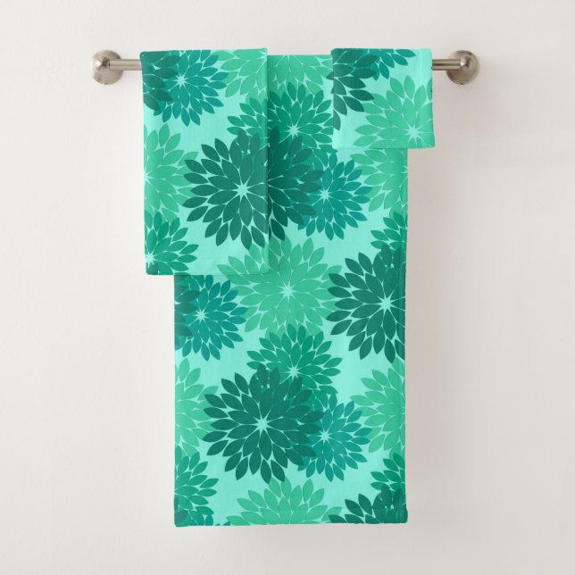 Modern Floral Kimono Print, Turquoise, Teal & Aqua Bath Towel Set (Insitu)