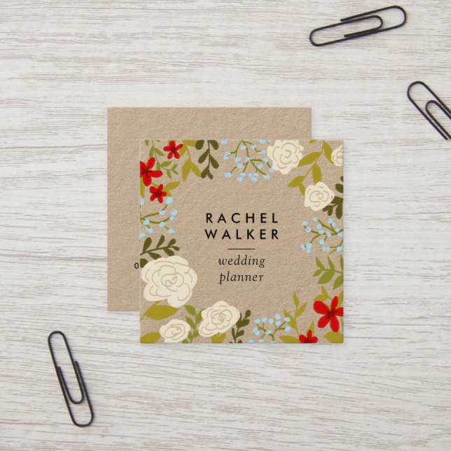 Modern floral kraft square planner business card (Front/Back In Situ)