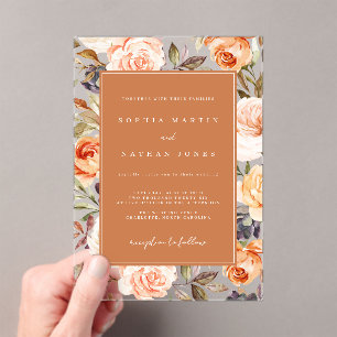 Modern Floral Leaf Burnt Orange Clear Wedding Acrylic Invitations