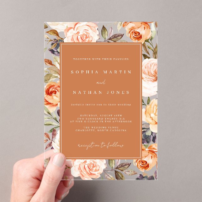 Modern Floral Leaf Burnt Orange Clear Wedding Acrylic Invitations (Insitu (Handheld))