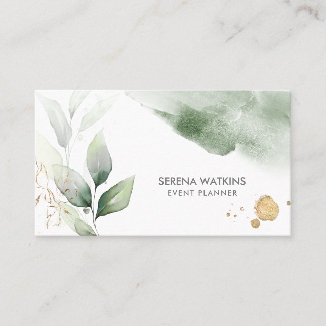Modern Floral Leaves Greenery Watercolor Gold Business Card (Front)