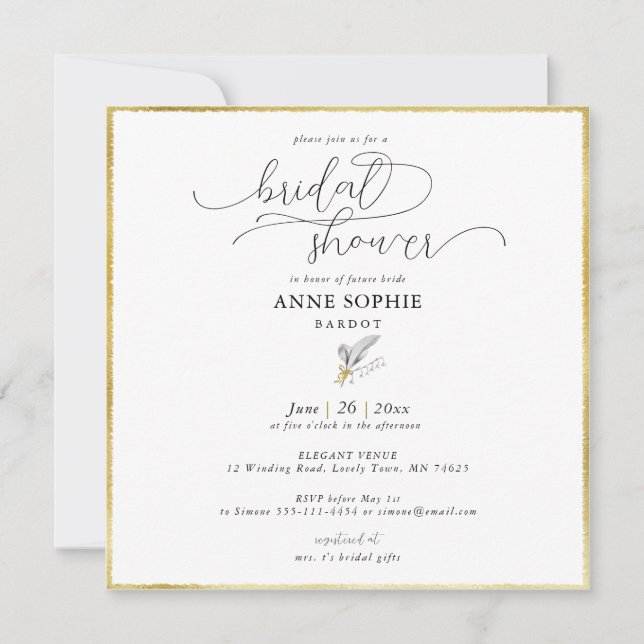 Modern Floral Lily Valley Black Gold Bridal Shower Invitation (Front)