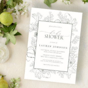 Modern Floral Line Art Sage Green Baby Shower Invitation