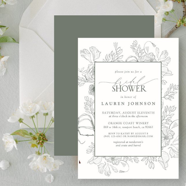 Modern Floral Line Art Sage Green Bridal Shower Invitation (Bridal Shower Invitation)