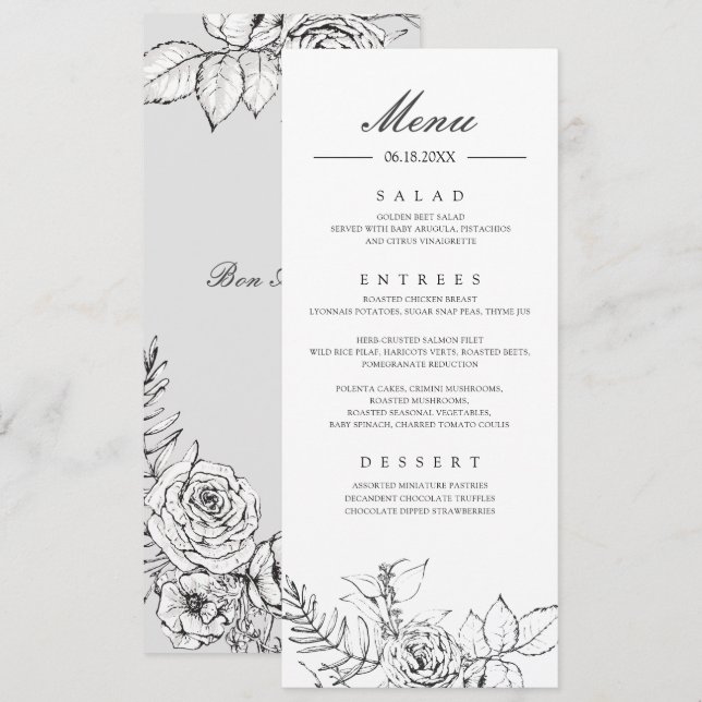 Modern Floral Line Drawing Wedding Dinner Menu Invitation (Front/Back)