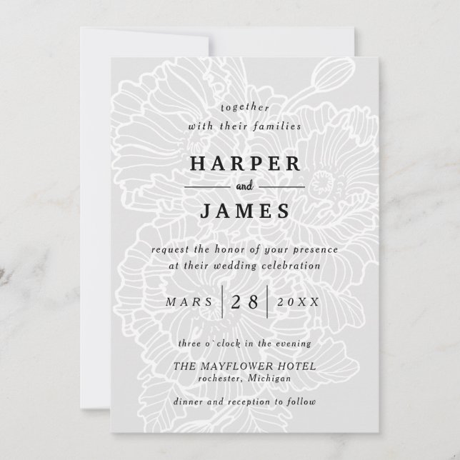 Modern floral lineart poppies white grey wedding invitation (Front)