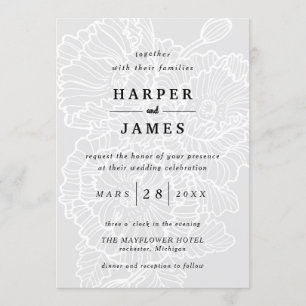 Modern floral lineart poppies white grey wedding invitation