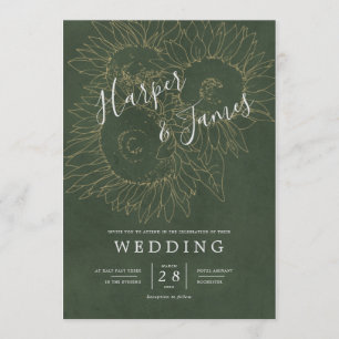 Modern floral lines sunflowers moss green wedding invitation