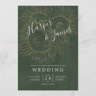 Modern floral lines sunflowers moss green wedding invitation