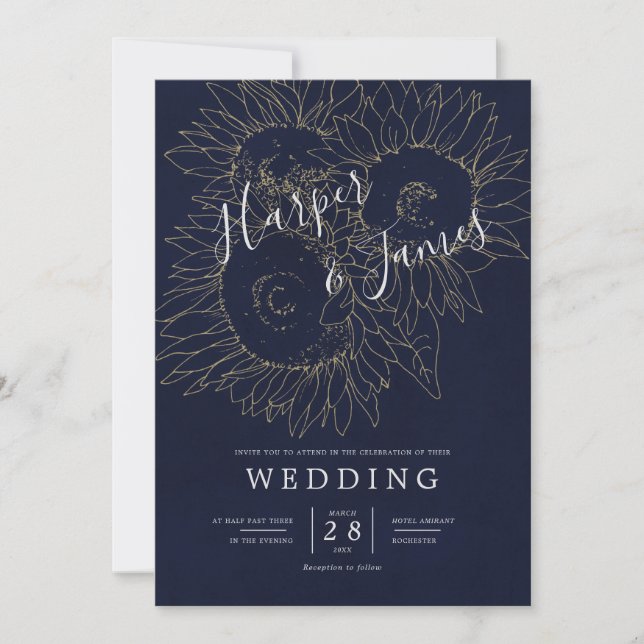 Modern floral lines sunflowers navy blue wedding invitation (Front)
