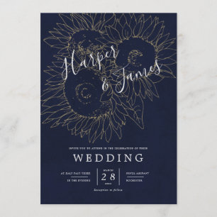 Modern floral lines sunflowers navy blue wedding invitation