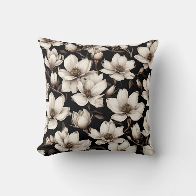 Modern Floral Magnolia Flowers on Black Cushion (Front)