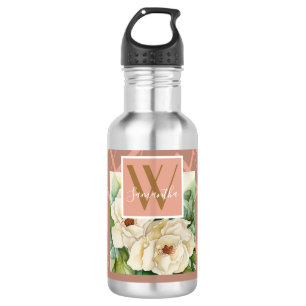 Modern Floral Magnolia Rose Gold Monogram Add Name 532 Ml Water Bottle