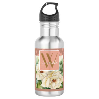 Modern Floral Magnolia Rose Gold Monogram Add Name 532 Ml Water Bottle