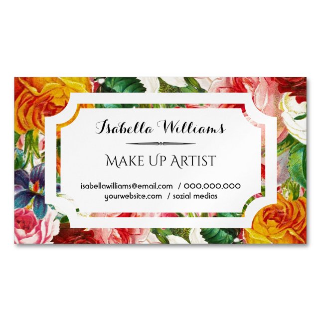 Modern Floral Makeup Artist Magnetic Business Card (Front)