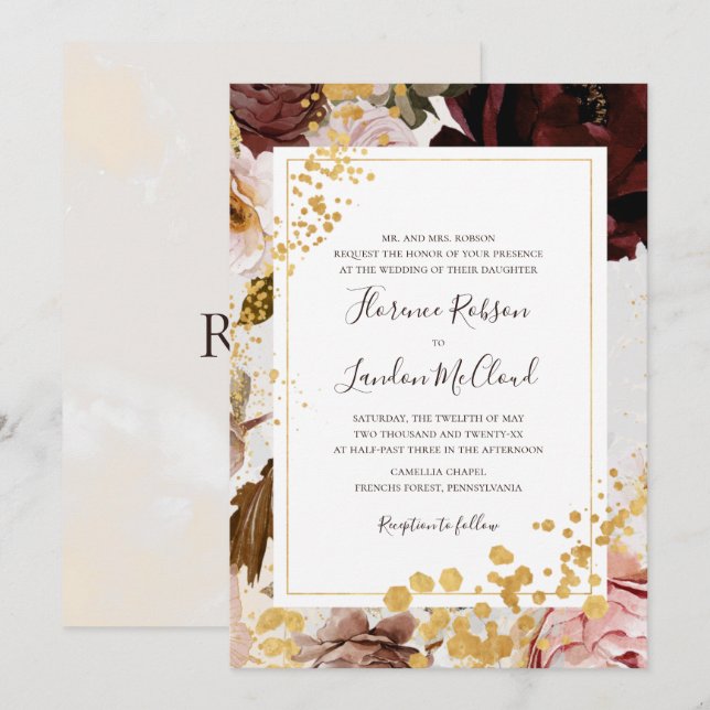 Modern Floral Marble Traditional Frame Wedding Invitation (Front/Back)
