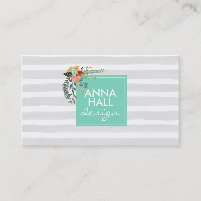 Modern Floral Mint and Grey Stripes Business Card (Front)