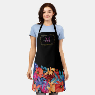 Modern Floral Monogram Black Apron