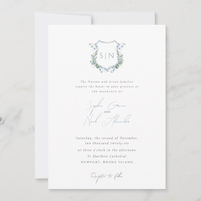 Modern Floral Monogram Crest Formal  Wedding Invitation (Front)