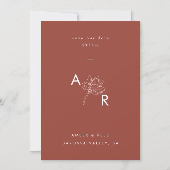 Modern Floral Monogram Elegant Simple Terracotta Save The Date (Front)