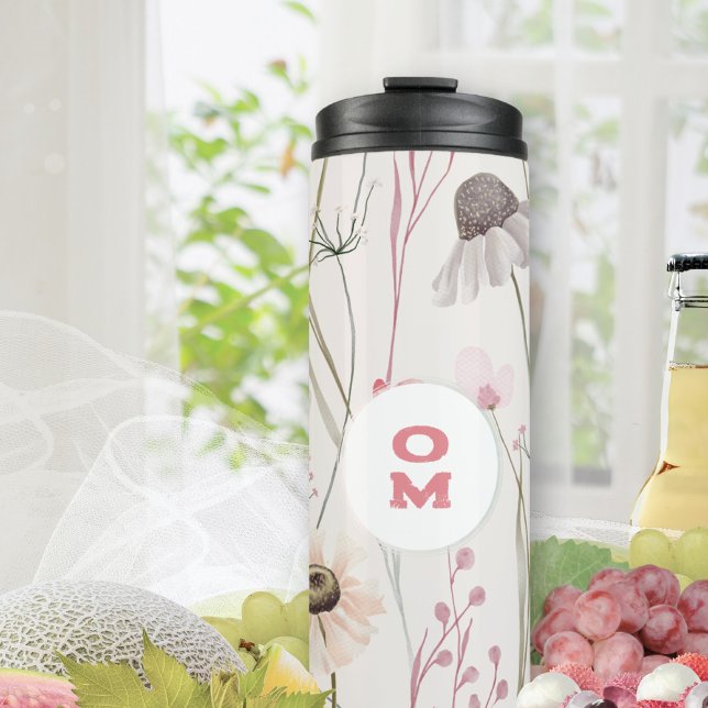 Modern Floral Monogram Light Pink Green Thermal Tumbler (Mauve Sage Monogram Traveler Thermal Tumbler ©Susanne Sachers - Sunny Mind 🌞)