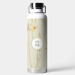 Modern Floral Monogram Light Yellow Green Large Water Bottle