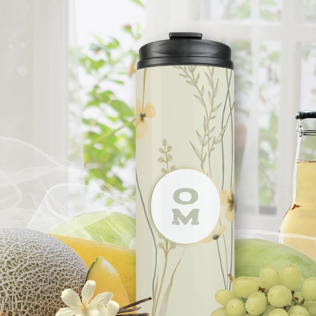 Modern Floral Monogram Light Yellow Green Thermal Tumbler (Sage Green Floral Traveler Thermal Tumbler ©Susanne Sachers - Sunny Mind 🌞)