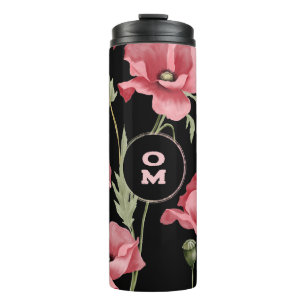 Modern Floral Monogram Pink Black Poppy Thermal Tumbler
