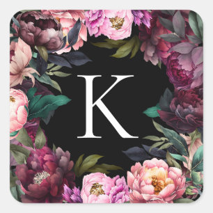 Modern Floral Monogram Sweet Peonies Square Sticker