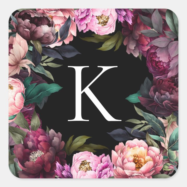 Modern Floral Monogram | Sweet Peonies Square Sticker (Front)