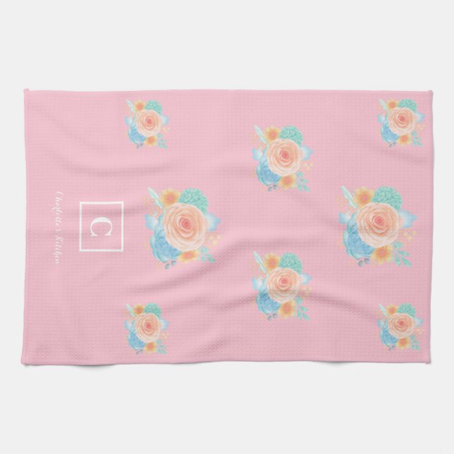 Modern Floral Monogram  Tea Towel (Horizontal)