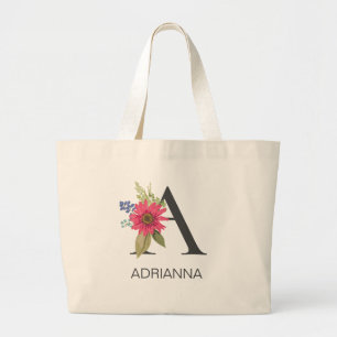Modern Floral  Monogrammed Letter A Large Tote Bag
