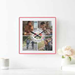 Modern Floral Multi-Photo Custom Mother's Day Square Wall Clock