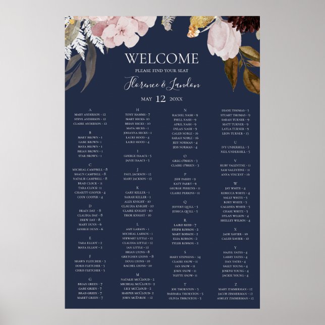 Modern Floral | Navy Alphabetical Seating Chart (Front)