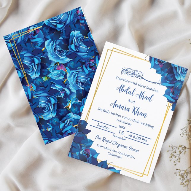 Modern Floral Navy Blue and Gold Muslim Wedding  Invitation (Creator Uploaded)