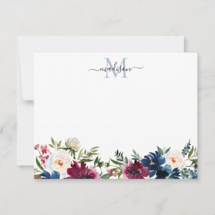 Modern Floral Navy Blue Burgundy Red Rose Monogram Card