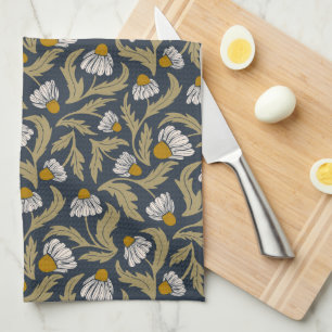 Modern Floral Navy Blue Coneflower Daisy Botanical Tea Towel