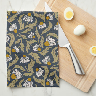 Modern Floral Navy Blue Coneflower Daisy Botanical Tea Towel
