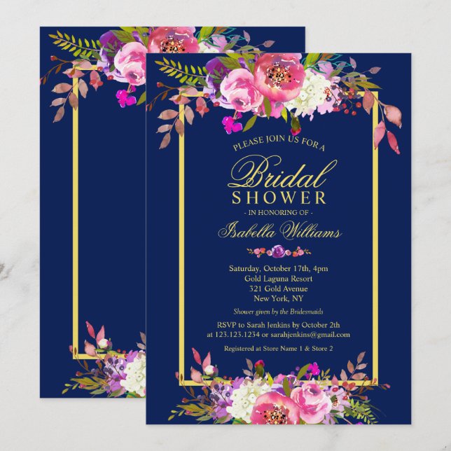 Modern Floral Navy Blue Gold Bridal Shower Invitation (Front/Back)