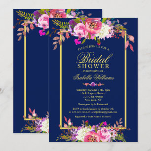 Modern Floral Navy Blue Gold Bridal Shower Invitation