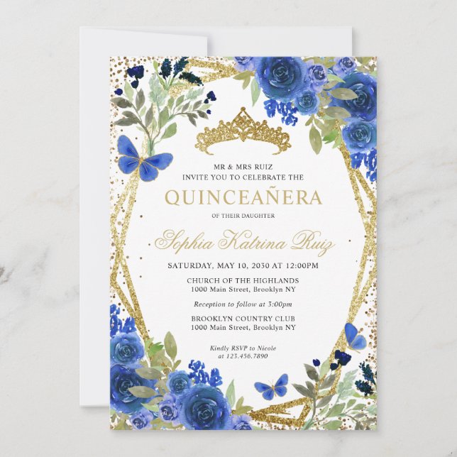 Modern Floral Navy Blue Gold Tiara Quinceañera Invitation (Front)