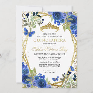 Modern Floral Navy Blue Gold Tiara Quinceañera Invitation