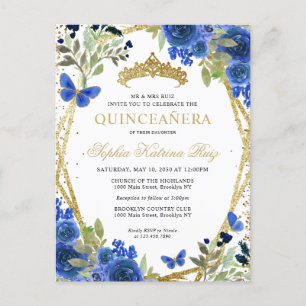 Modern Floral Navy Blue Gold Tiara Quinceañera Postcard