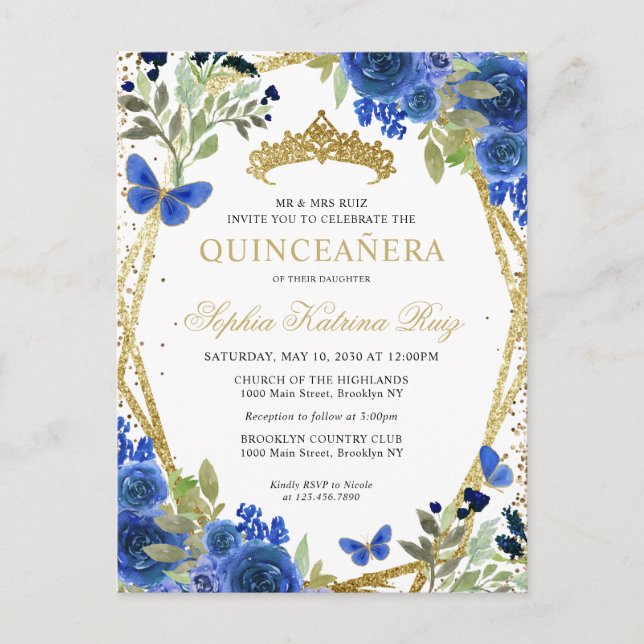 Modern Floral Navy Blue Gold Tiara Quinceañera Postcard (Front)