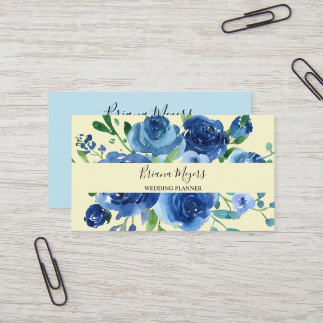 Modern Floral Navy Blue Yellow Business Business Card (Front/Back In Situ)