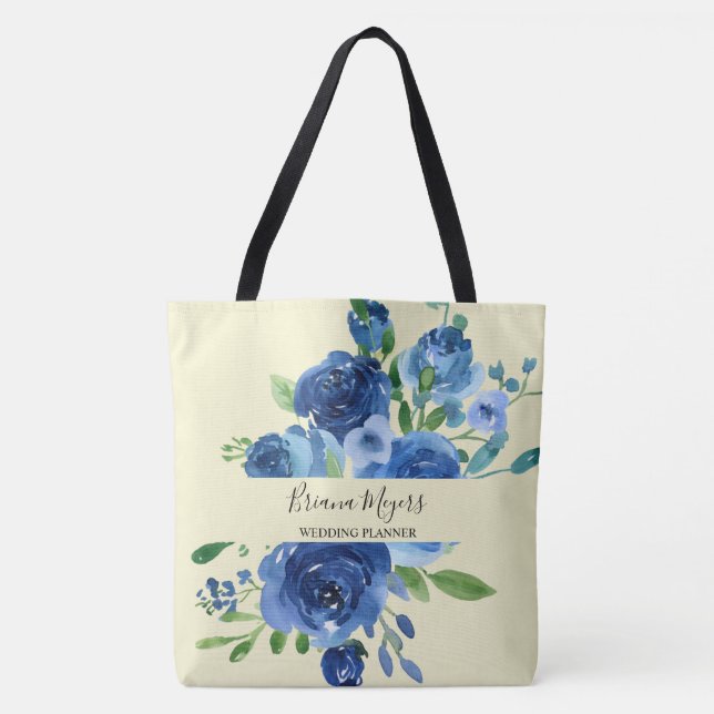 Modern Floral Navy Blue Yellow Business Tote Bag (Front)